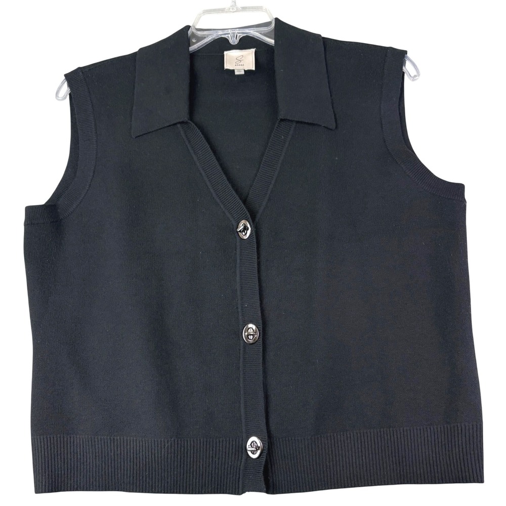 Sioni XL Black Knit Cardigan Vest Collared Toggle Button Sleeveless Layer Preppy